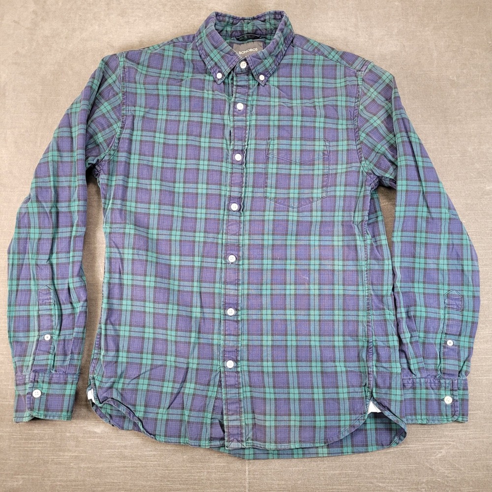 Bonobos Button Down Shirt Mens M Blue Green Plaid Slim Fit Long Sleeve Flannel